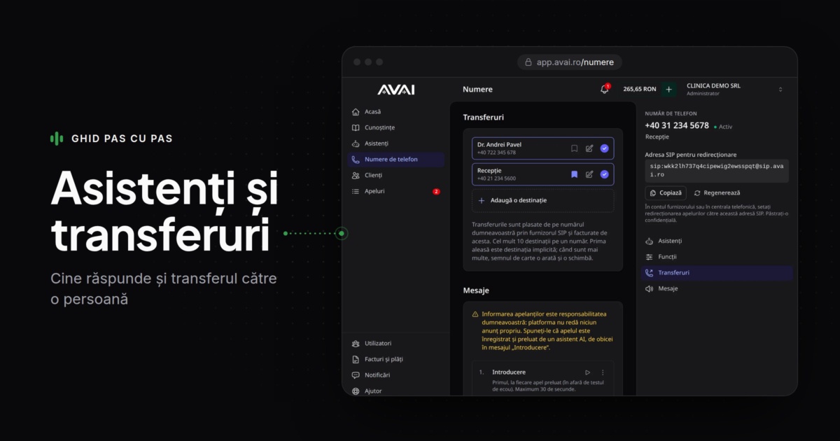 Panoul AVAI, transferurile unui număr: destinațiile către care asistentul poate transfera apelul.