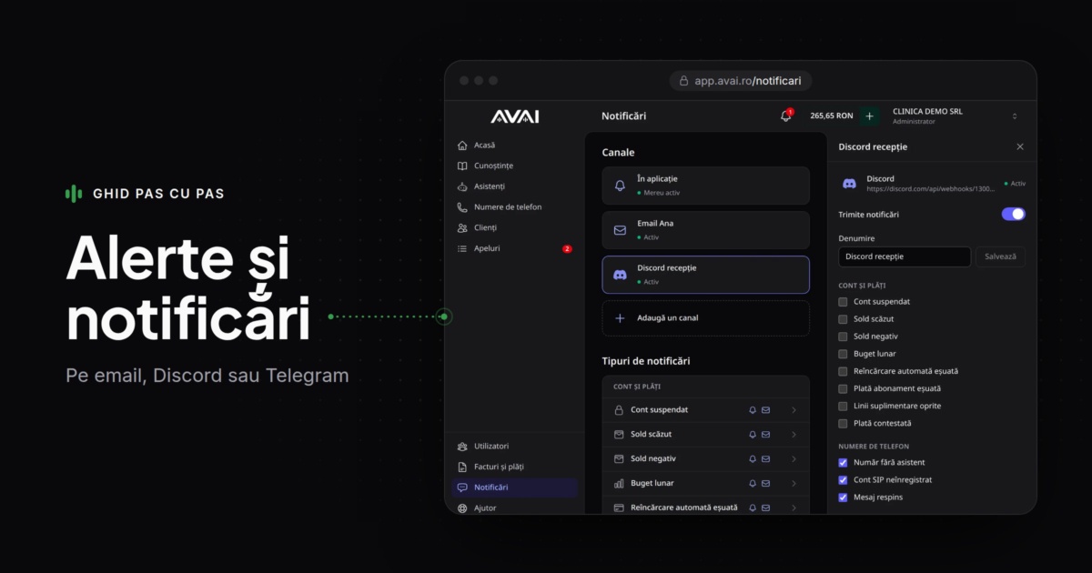 Panoul AVAI, pagina Notificări: canalele firmei și setările unui canal Discord.