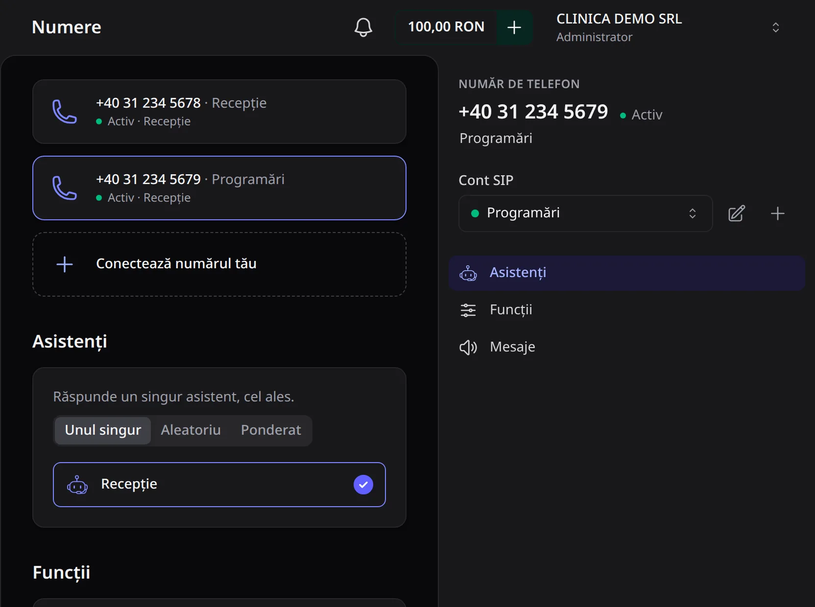 Numărul +40 31 234 5679 activ, cu contul SIP înregistrat (punct verde) și asistentul bifat.