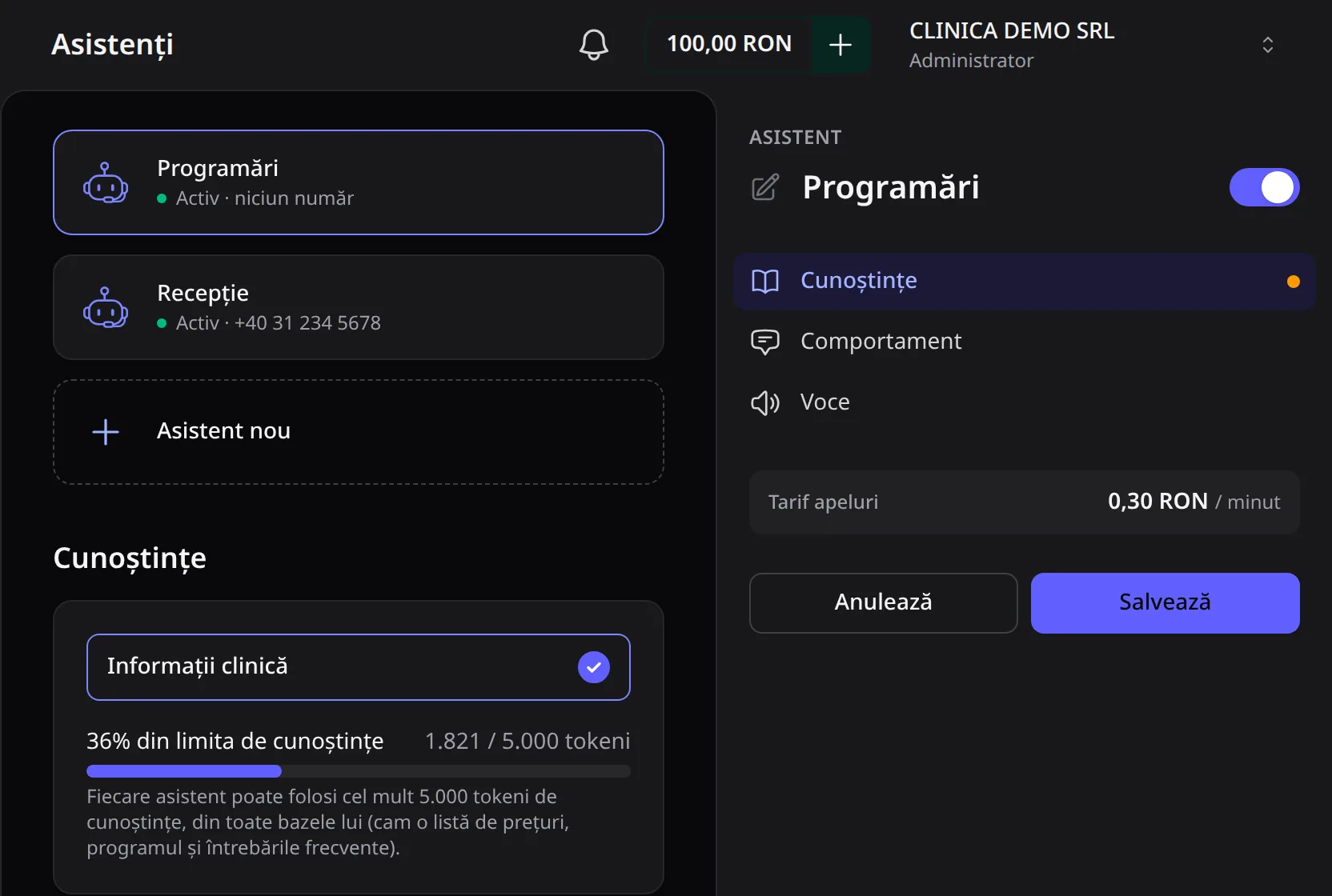Asistentul Programări, cu baza Informații clinică bifată și bara de cunoștințe la 36% din limită.