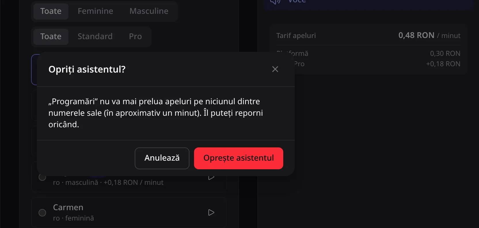 Fereastra Opriți asistentul?, cu butoanele Anulează și Oprește asistentul.