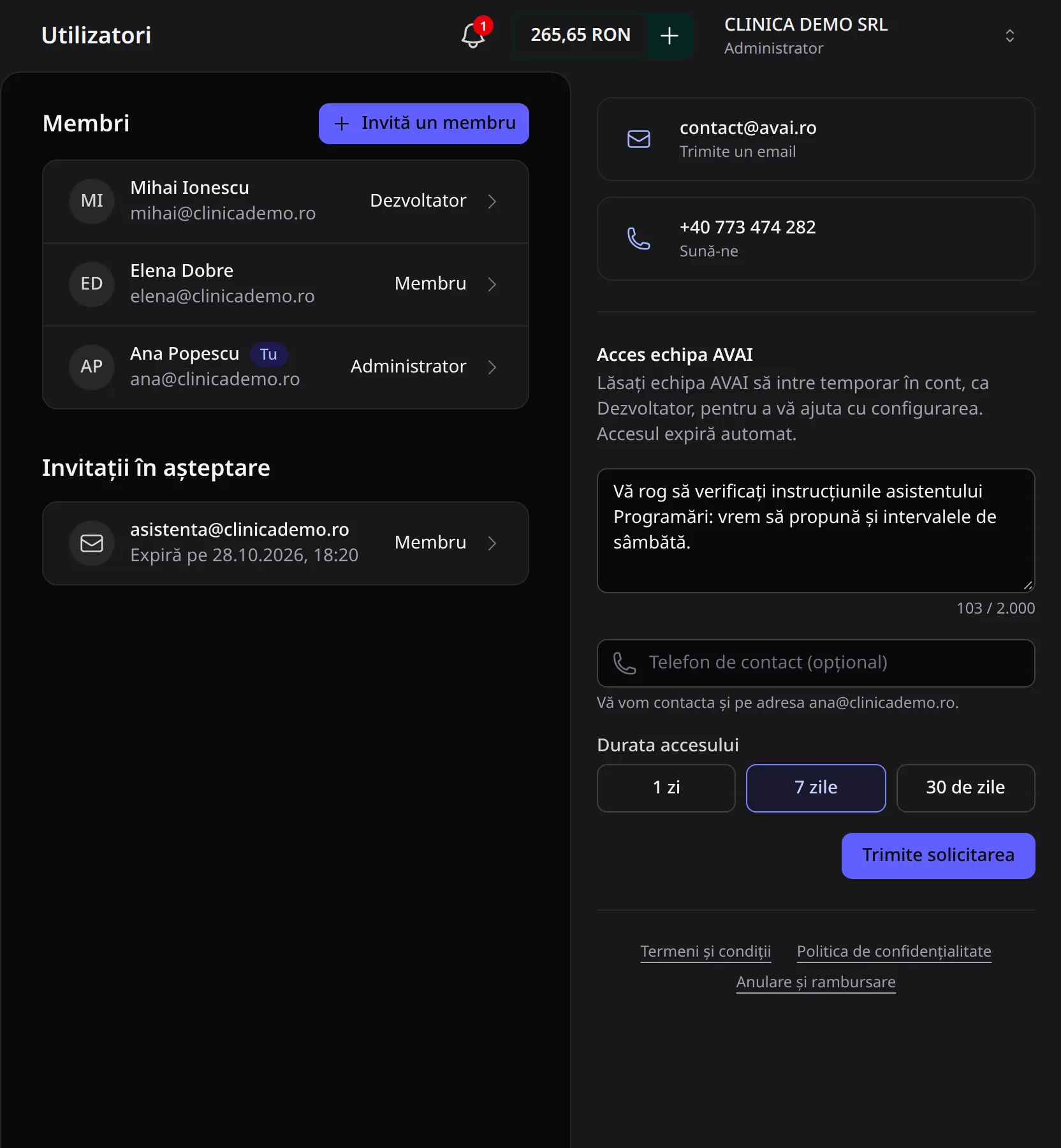 Panoul Ajutor: emailul și telefonul echipei AVAI și formularul Acces echipa AVAI, cu descrierea solicitării, telefonul opțional și durata de 7 zile.