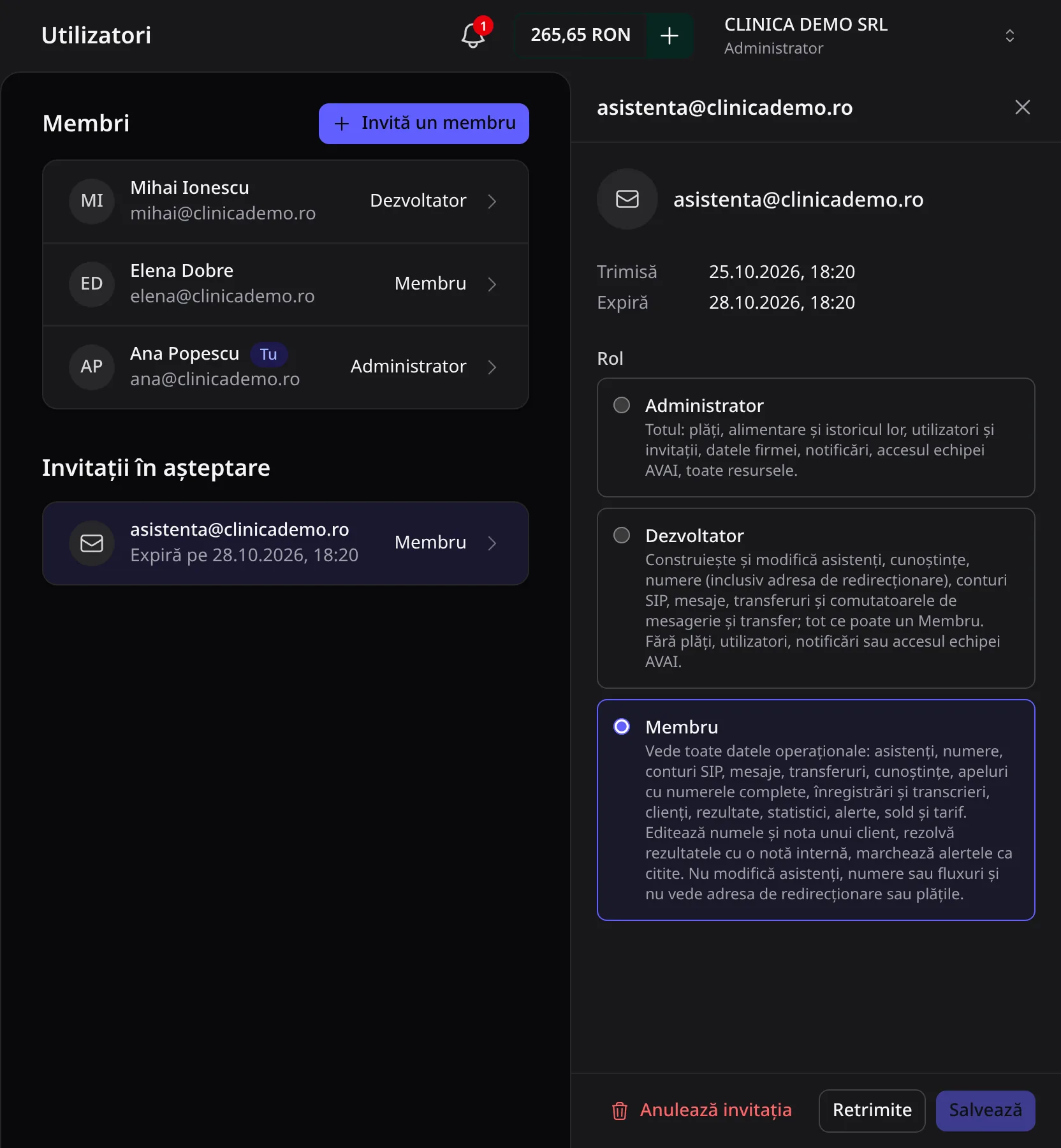 Detaliile invitației asistenta@clinicademo.ro: trimisă, expiră, rolul Membru și butoanele Anulează invitația și Retrimite.