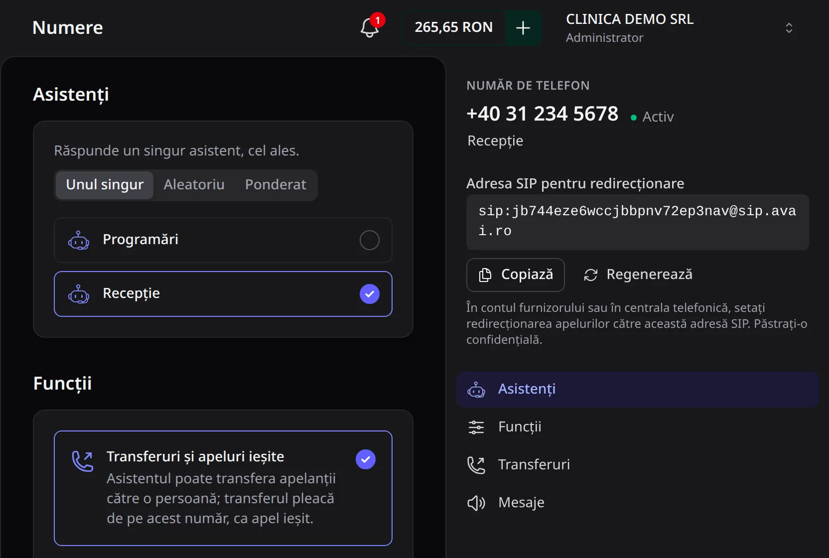 Capitolul Asistenți al numărului +40 31 234 5678, cu varianta Unul singur și asistentul Recepție bifat.
