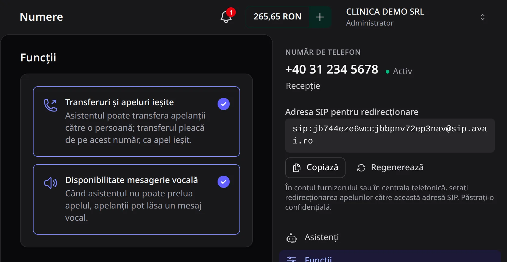 Capitolul Funcții, cu Transferuri și apeluri ieșite și Disponibilitate mesagerie vocală, ambele pornite.