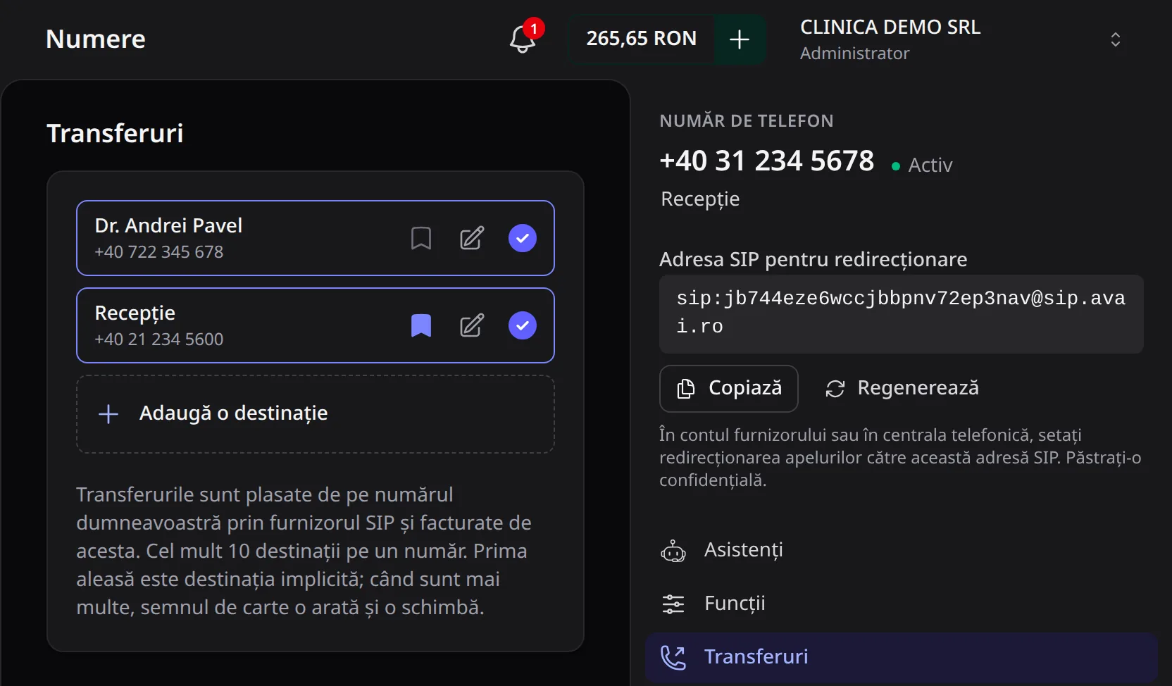 Capitolul Transferuri, cu destinațiile Dr. Andrei Pavel și Recepție bifate, Recepție marcată ca destinație implicită.