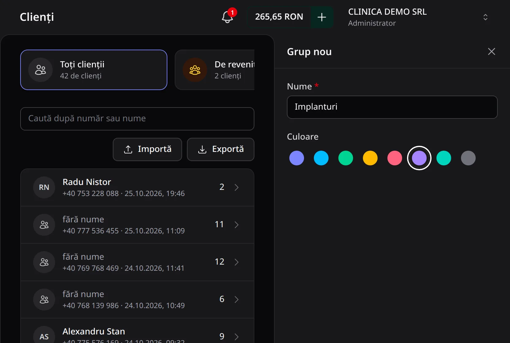 Panoul Grup nou, cu numele Implanturi și culoarea violet aleasă.