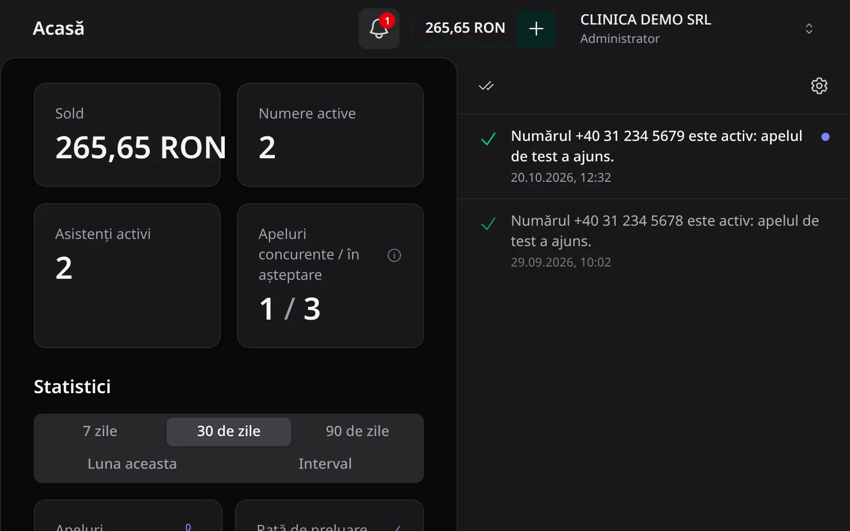 Lista alertelor: numerele +40 31 234 5679 și +40 31 234 5678 au devenit active, fiecare cu data alertei.