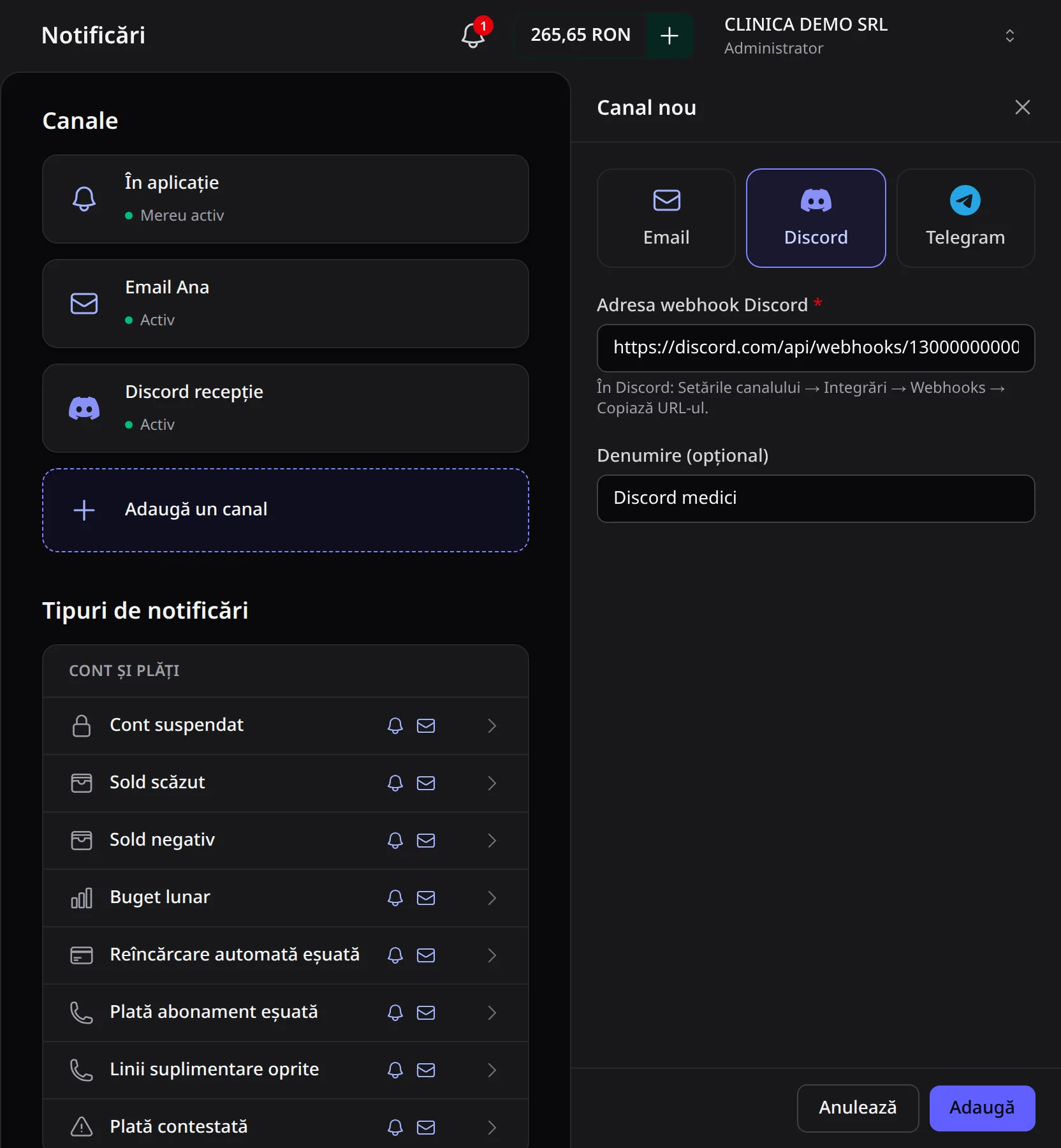 Panoul Canal nou, cu tipul Discord ales, adresa webhook completată și denumirea Discord medici.