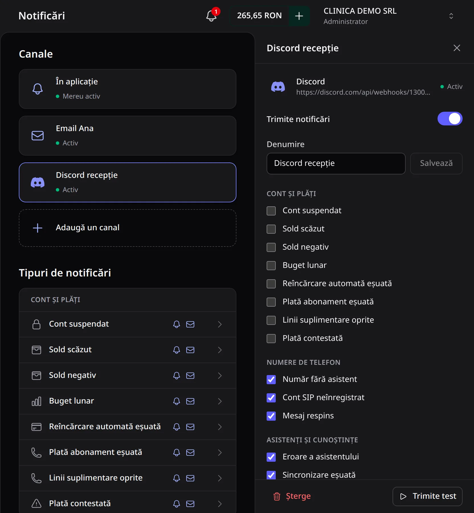 Setările canalului Discord recepție: activ, comutatorul Trimite notificări, denumirea, notificările despre plăți nebifate, cele despre numere și asistenți bifate și butonul Trimite test.