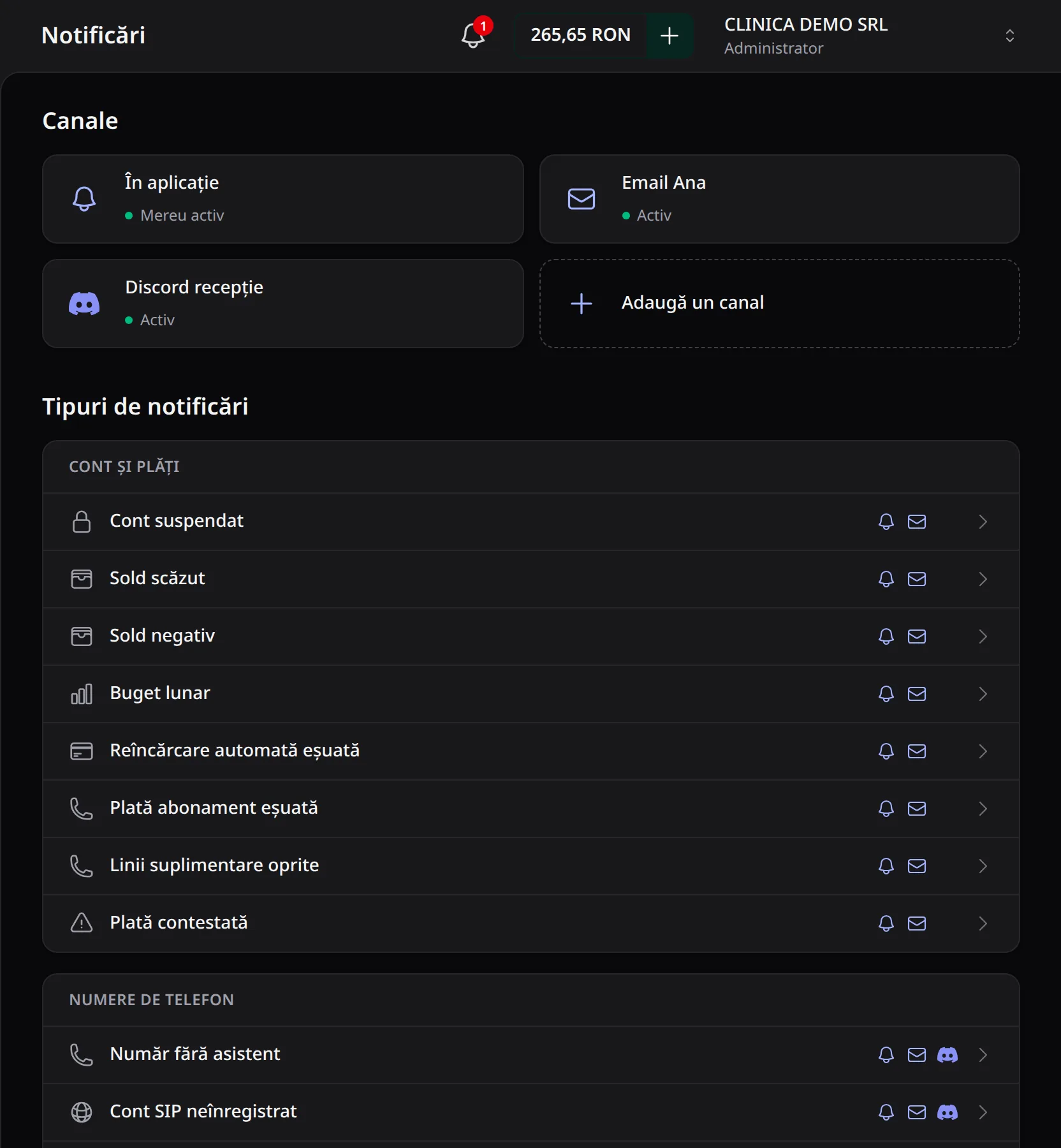 Pagina Notificări: canalele În aplicație, Email Ana și Discord recepție, butonul Adaugă un canal și tipurile de notificări, cu canalele fiecăruia.