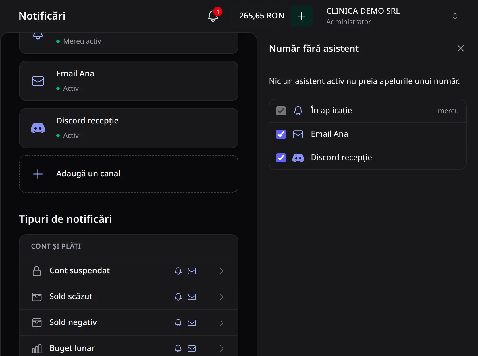 Tipul de notificare Număr fără asistent, trimis În aplicație, pe Email Ana și pe Discord recepție.