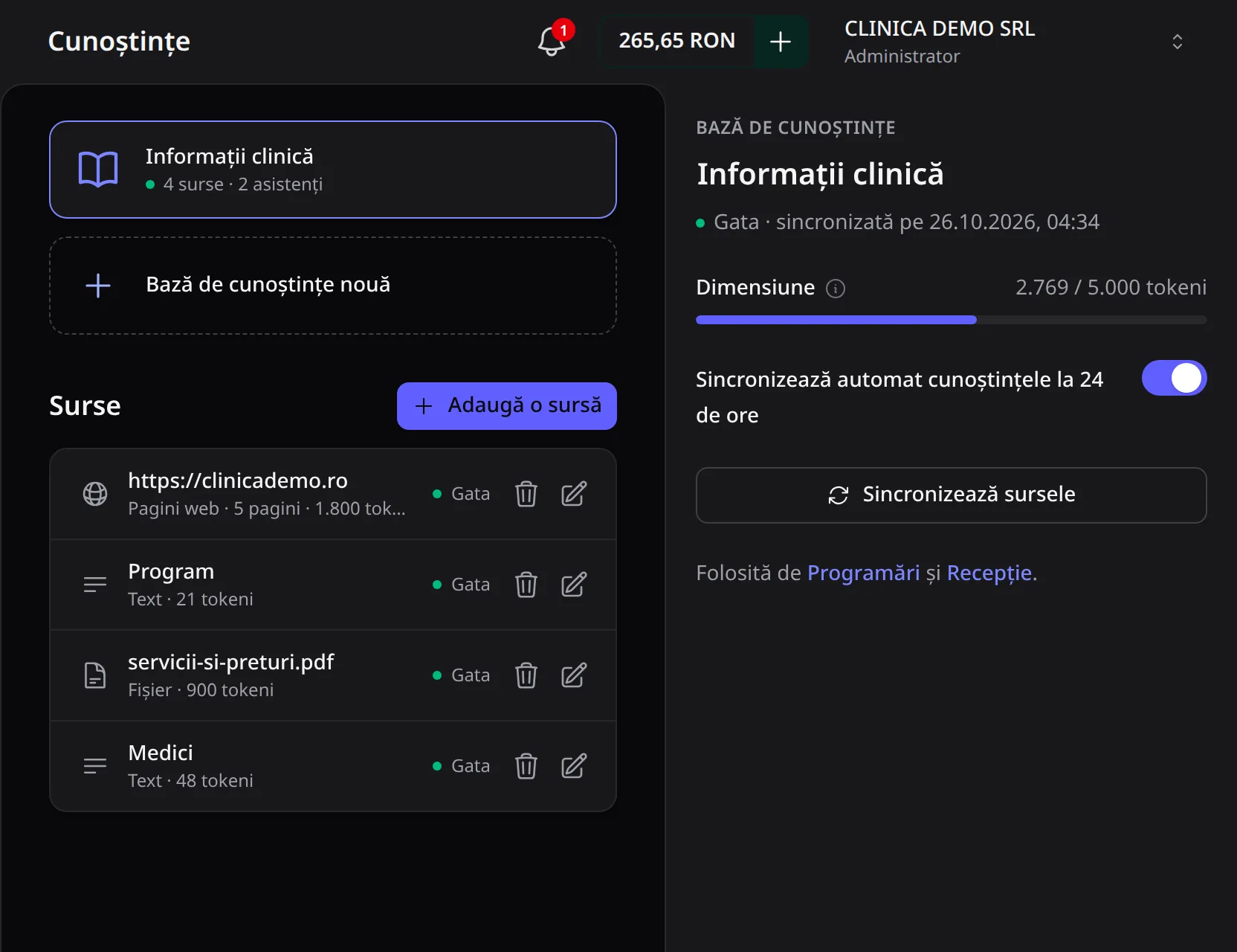 Baza de cunoștințe Informații clinică, cu patru surse, folosită de asistenții Programări și Recepție.