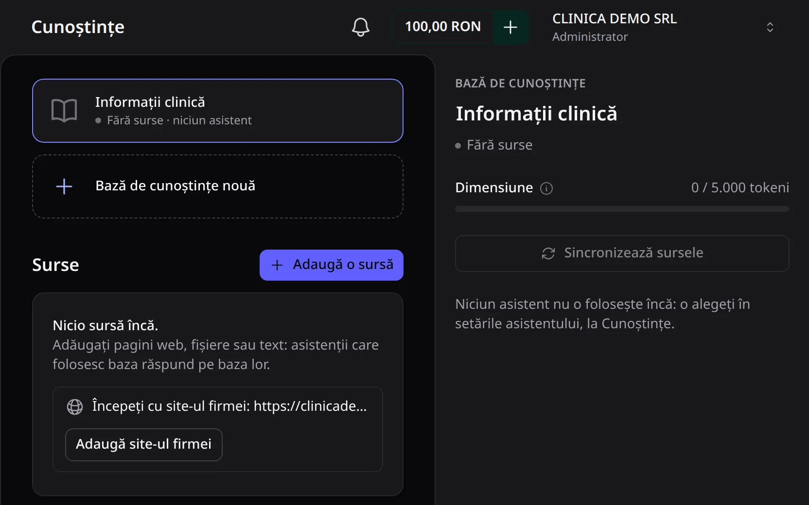 Baza de cunoștințe nouă, fără surse, cu propunerea Începeți cu site-ul firmei și butonul Adaugă site-ul firmei.