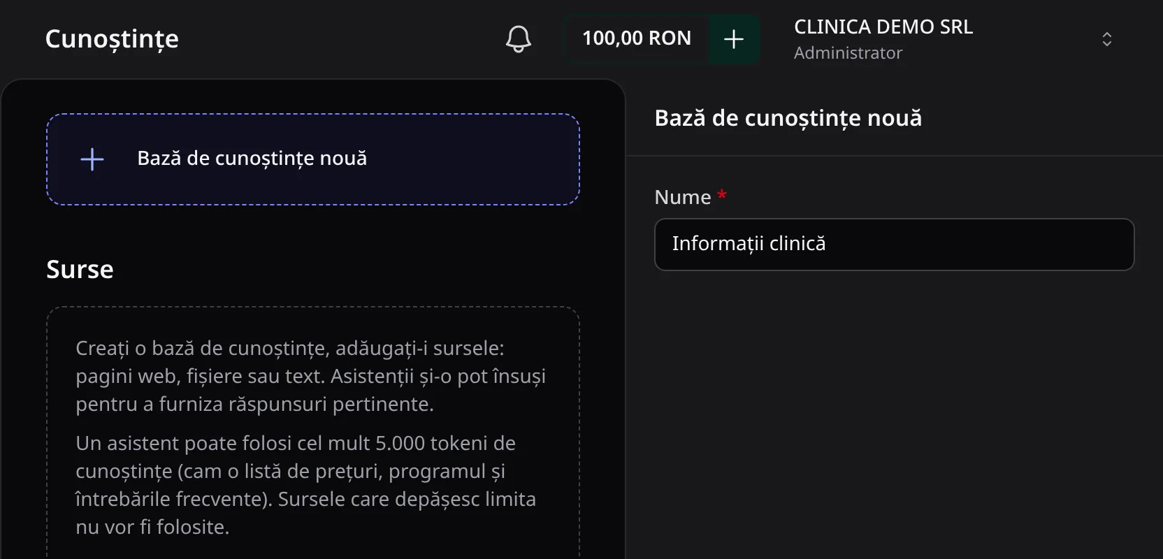 Panoul Bază de cunoștințe nouă, cu numele Informații clinică.