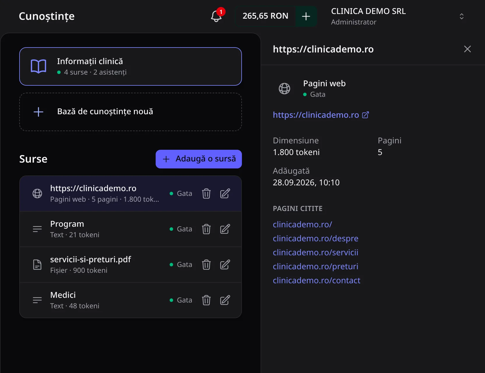 Detaliile sursei https://clinicademo.ro: gata, 1.800 de tokeni, 5 pagini citite.