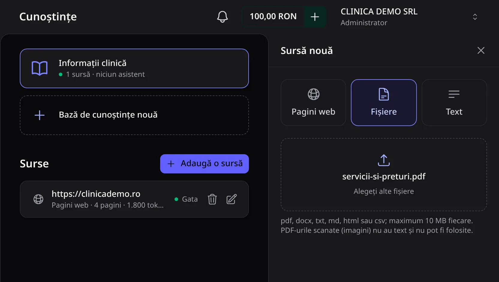 Panoul Sursă nouă, cu tipul Fișiere ales și fișierul servicii-si-preturi.pdf selectat.