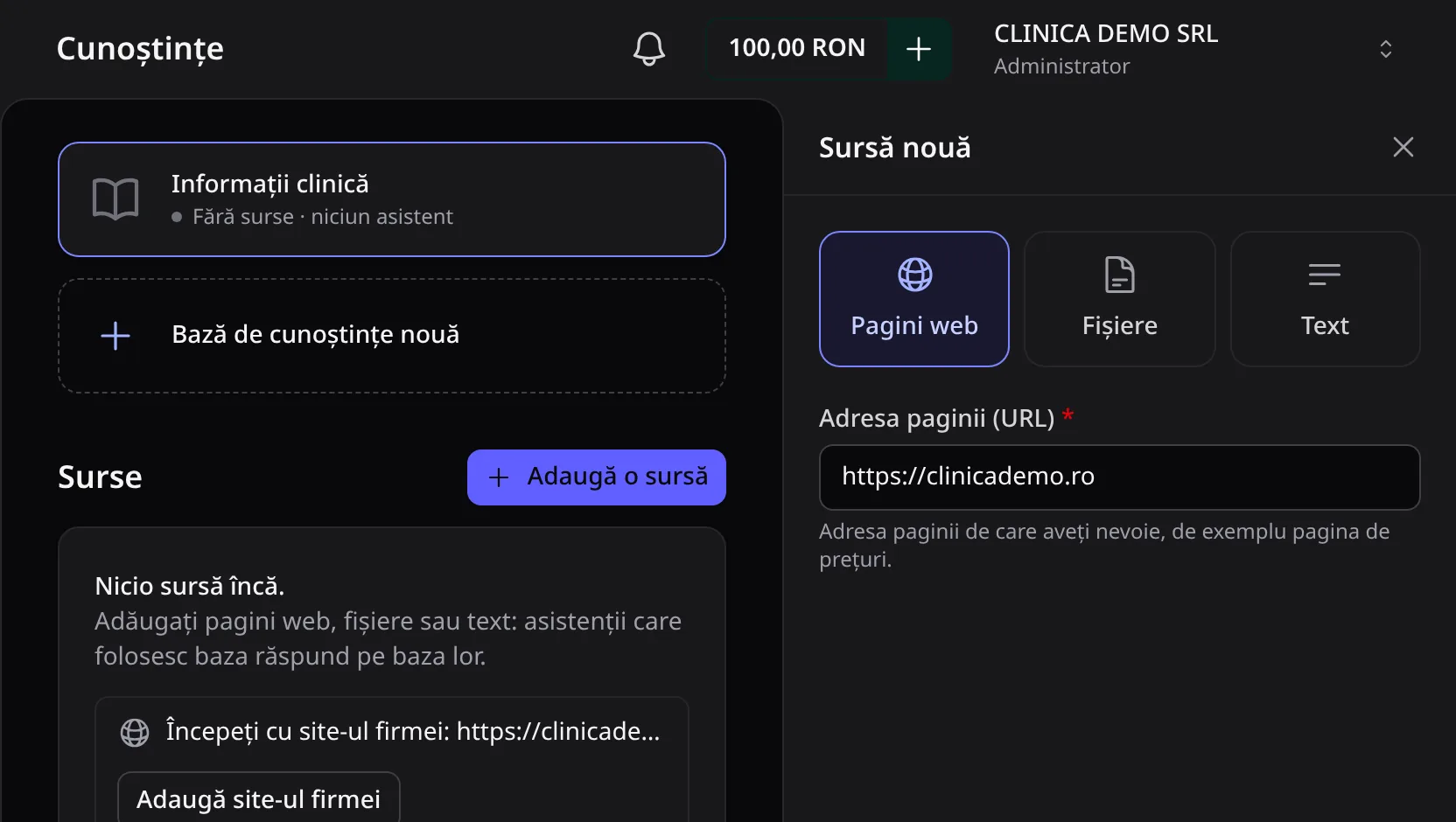 Panoul Sursă nouă, cu tipul Pagini web ales și adresa site-ului completată.