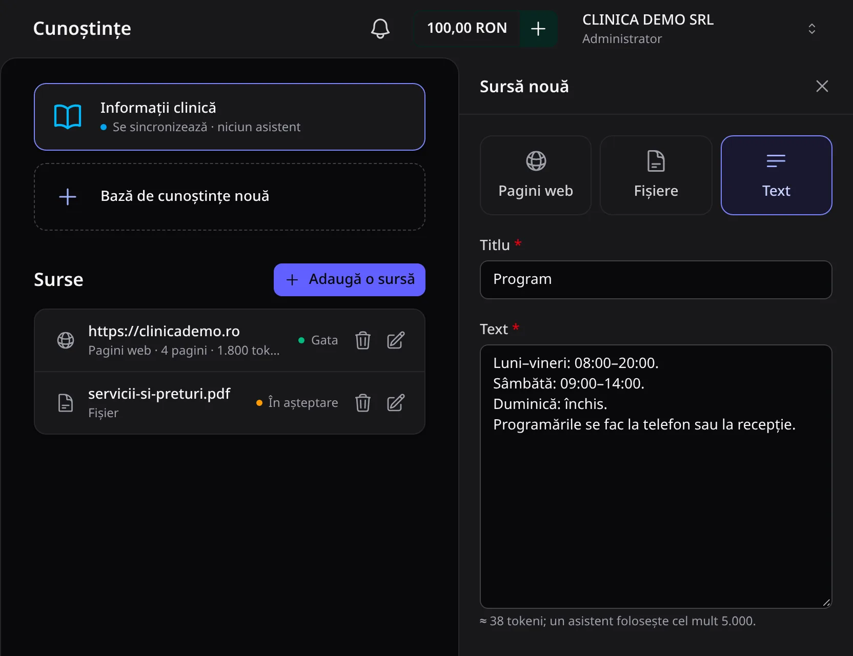 Panoul Sursă nouă, cu tipul Text, titlul Program și programul clinicii scris în casetă.