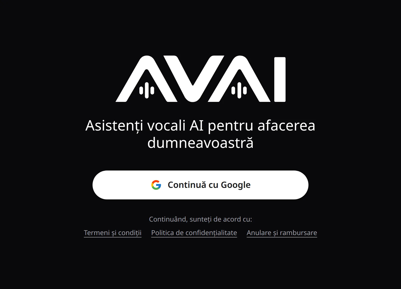 Pagina de autentificare AVAI, cu butonul Continuă cu Google și linkurile către documentele legale.
