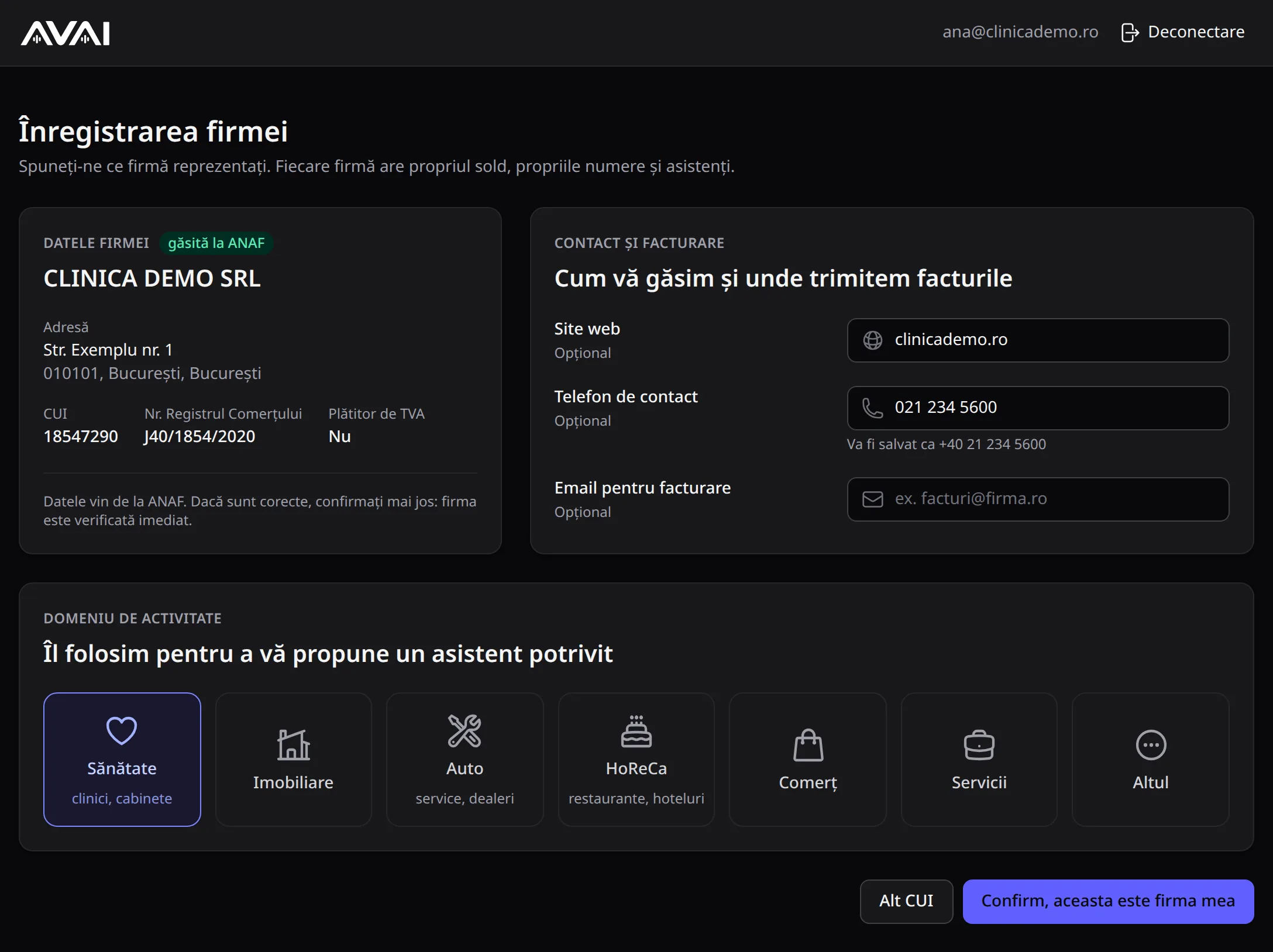 Datele firmei găsite la ANAF, contactul și facturarea, domeniul de activitate și butonul Confirm, aceasta este firma mea.