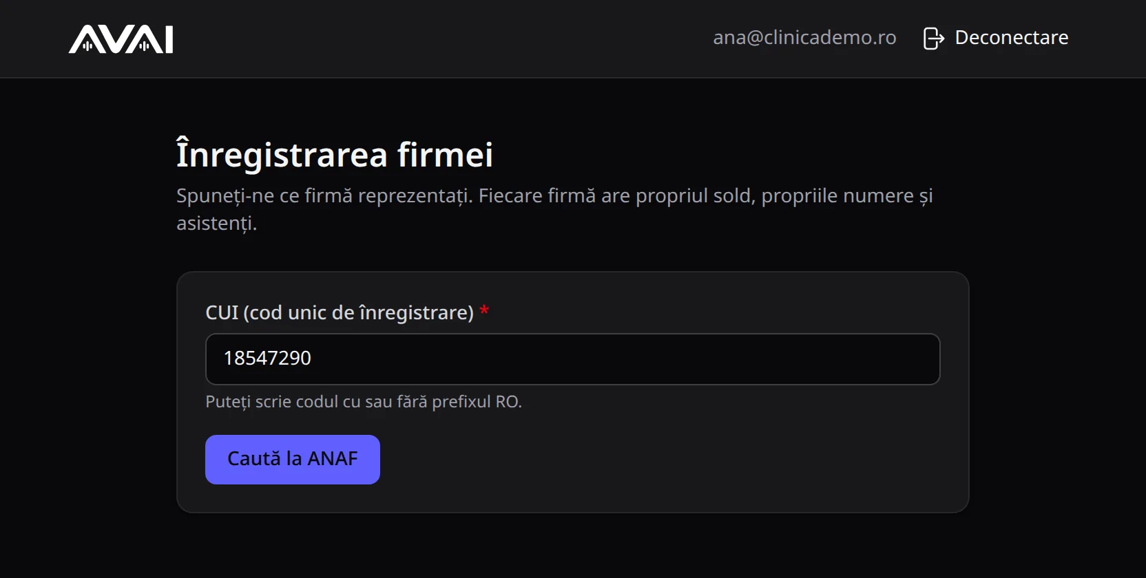 Formularul Înregistrarea firmei, cu câmpul CUI completat și butonul Caută la ANAF.
