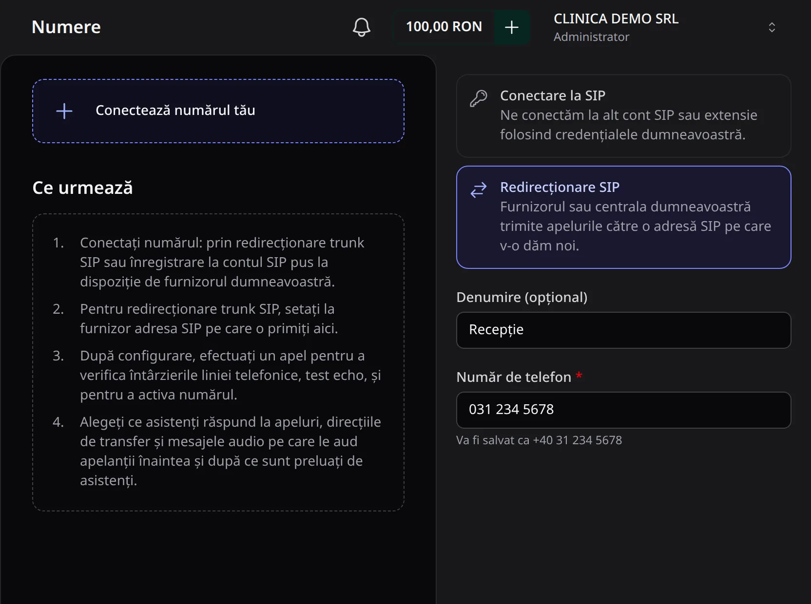 Panoul de conectare a unui număr, cu Redirecționare SIP aleasă, denumirea Recepție și numărul 031 234 5678.