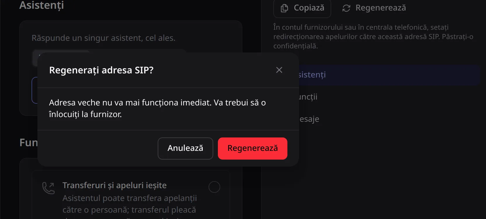 Fereastra Regenerați adresa SIP?, care avertizează că adresa veche nu va mai funcționa imediat.